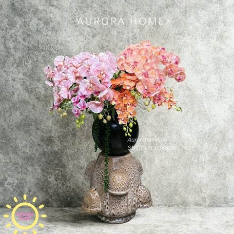 Bình hoa lan giả cao cấp tone hồng cam