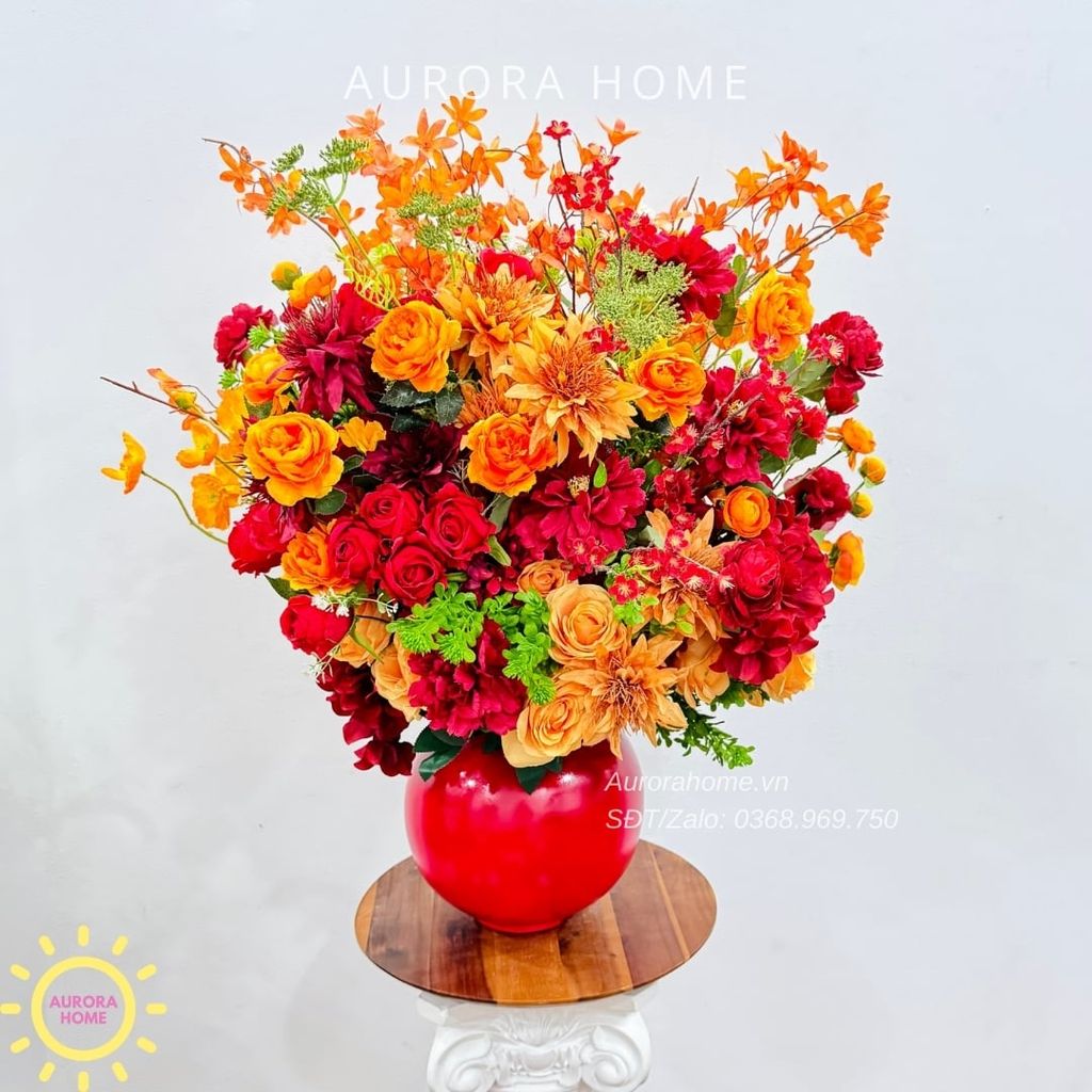 Bình hoa lụa lớn Hương Hoa Đua Nở sắc đỏ