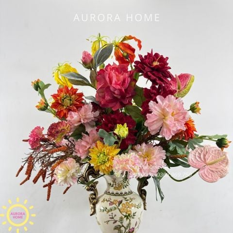 Bình hoa lụa đại sảnh Hara Hikemina sắc đỏ rực rỡ