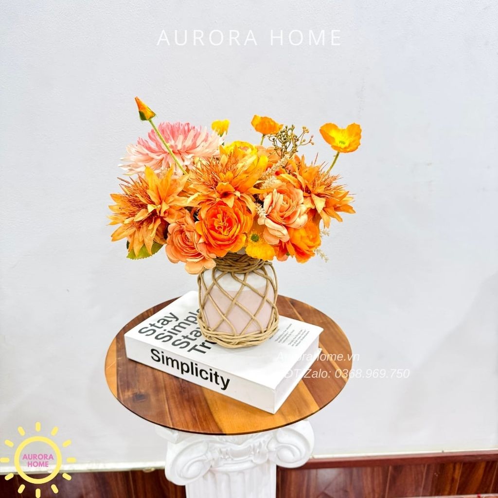 Bình hoa lụa để bàn tông cam Kina Kina