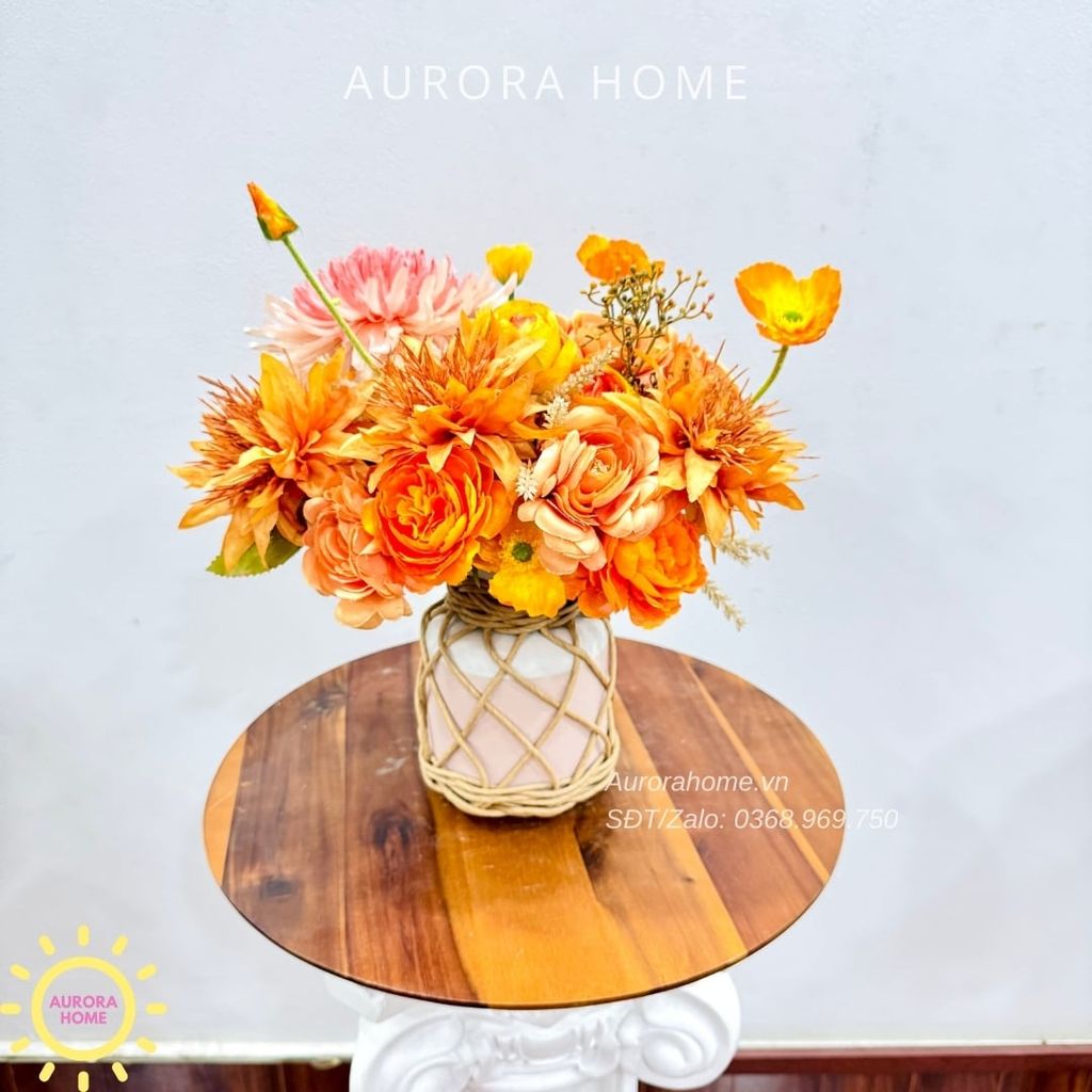 Bình hoa lụa để bàn tông cam Kina Kina