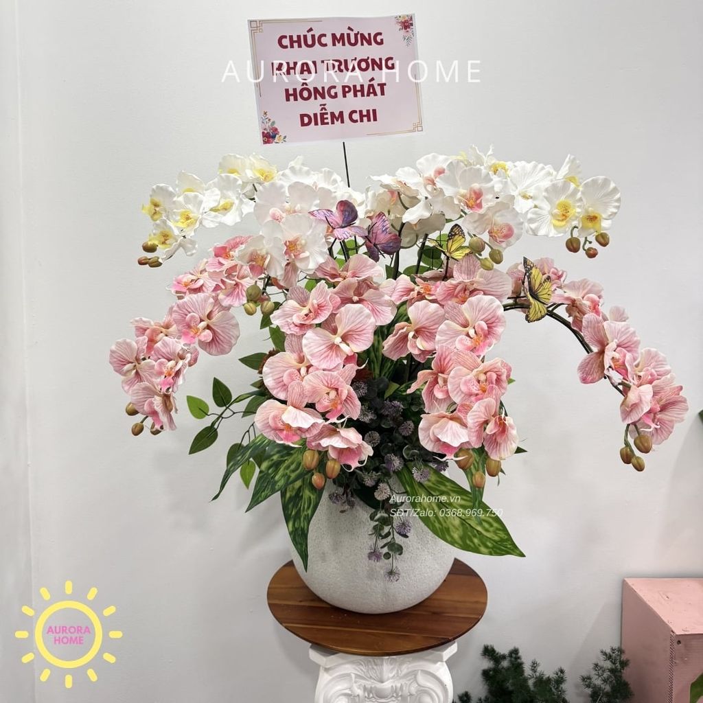 Chậu hoa lan giả Hana Lily tông hồng trắng cao cấp