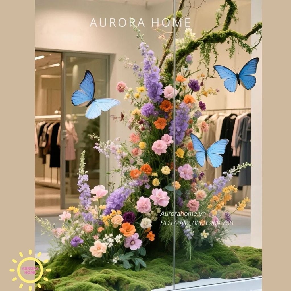 Tiểu cảnh dãy thác hoa mùa xuân trang trí windows display