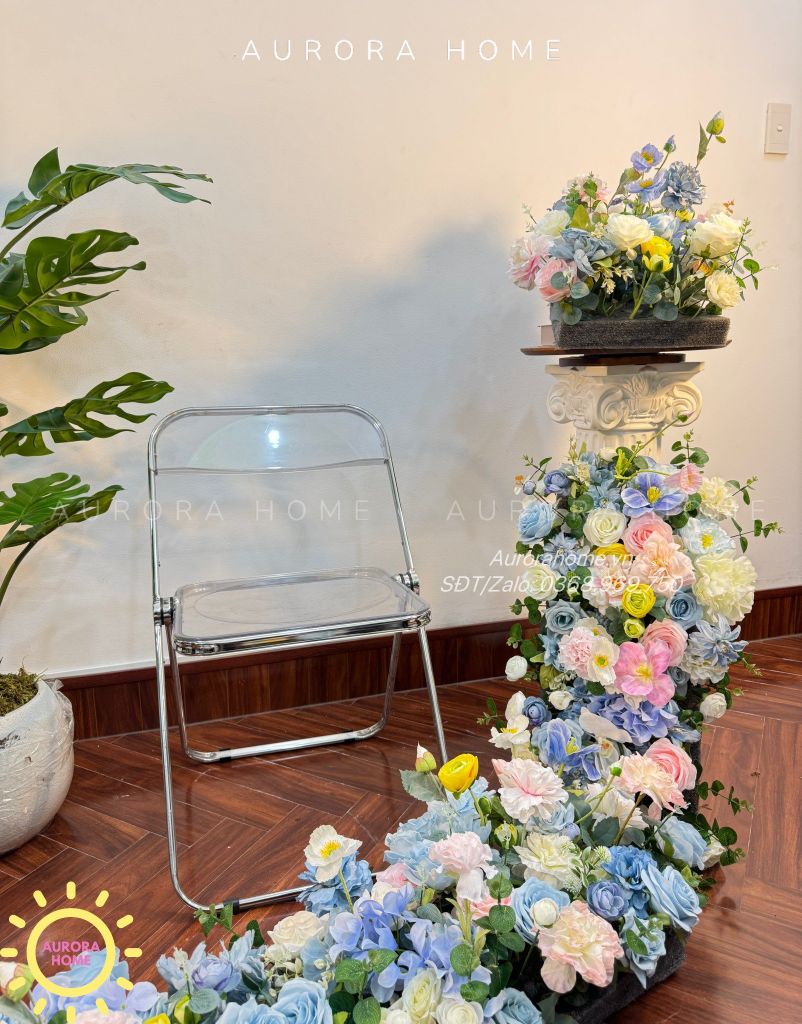 Tiểu cảnh dãy thác hoa lụa xinh xắn trang trí