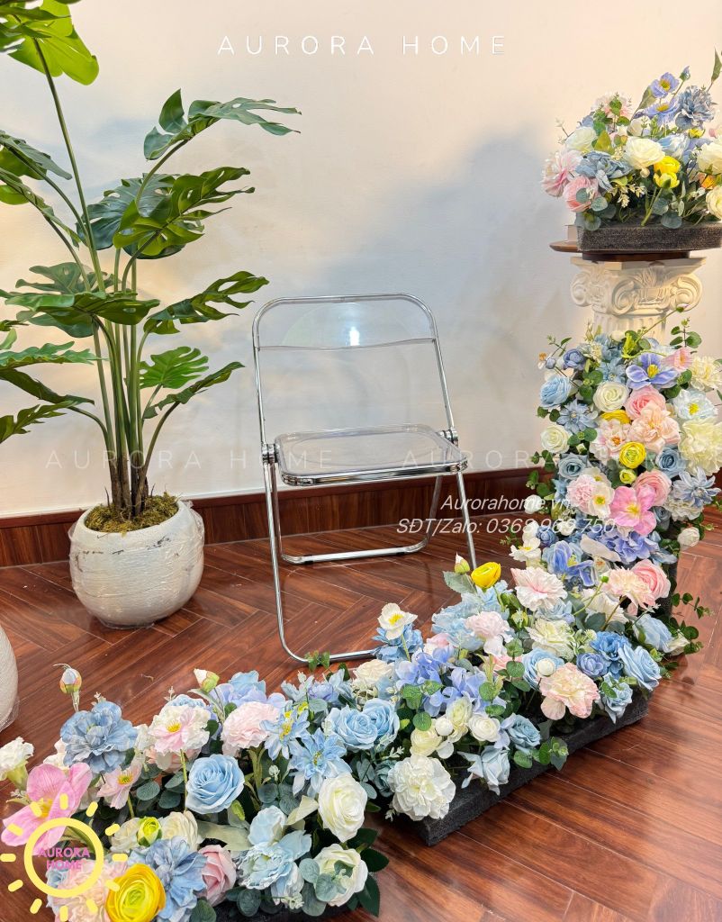 Tiểu cảnh dãy thác hoa lụa xinh xắn trang trí