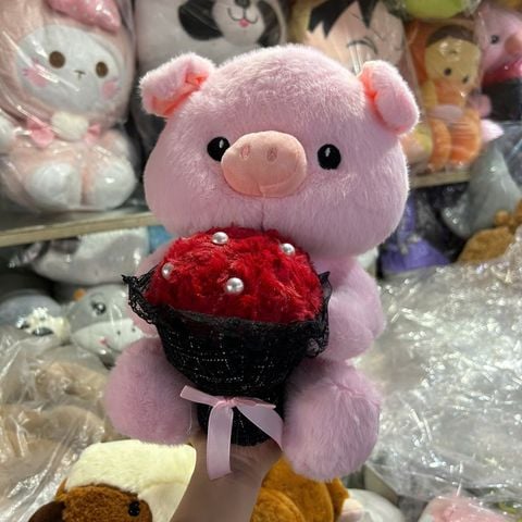  Thú bông heo cầm hoa CGC05  Quà tặng cực xinh, mềm mịn, dễ thương 