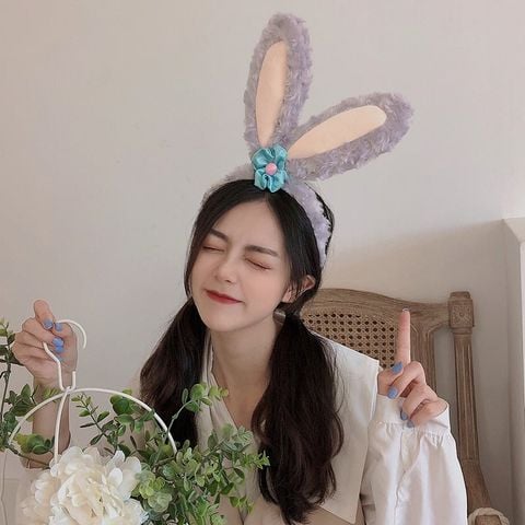  Băng Đô Tai Thỏ BDD036 – Headband Bunny Lông Xù Nơ Hoa Xanh Siêu Cute 