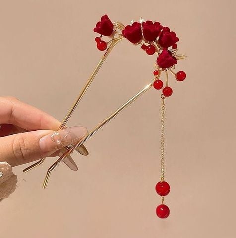  Trâm cài tóc KTT0034 – Hoa đỏ rủ hạt sang trọng, tôn nét kiêu sa 