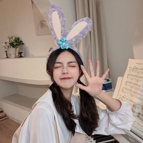  Băng Đô Tai Thỏ BDD036 – Headband Bunny Lông Xù Nơ Hoa Xanh Siêu Cute 