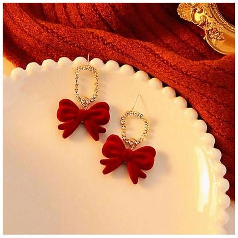  Bông tai TB0450 – Nơ nhung phối bông lông xù dễ thương, nữ tính 