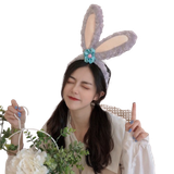  Băng Đô Tai Thỏ BDD036 – Headband Bunny Lông Xù Nơ Hoa Xanh Siêu Cute 