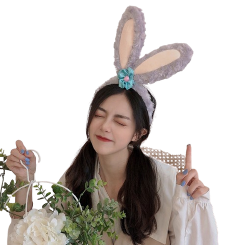  Băng Đô Tai Thỏ BDD036 – Headband Bunny Lông Xù Nơ Hoa Xanh Siêu Cute 