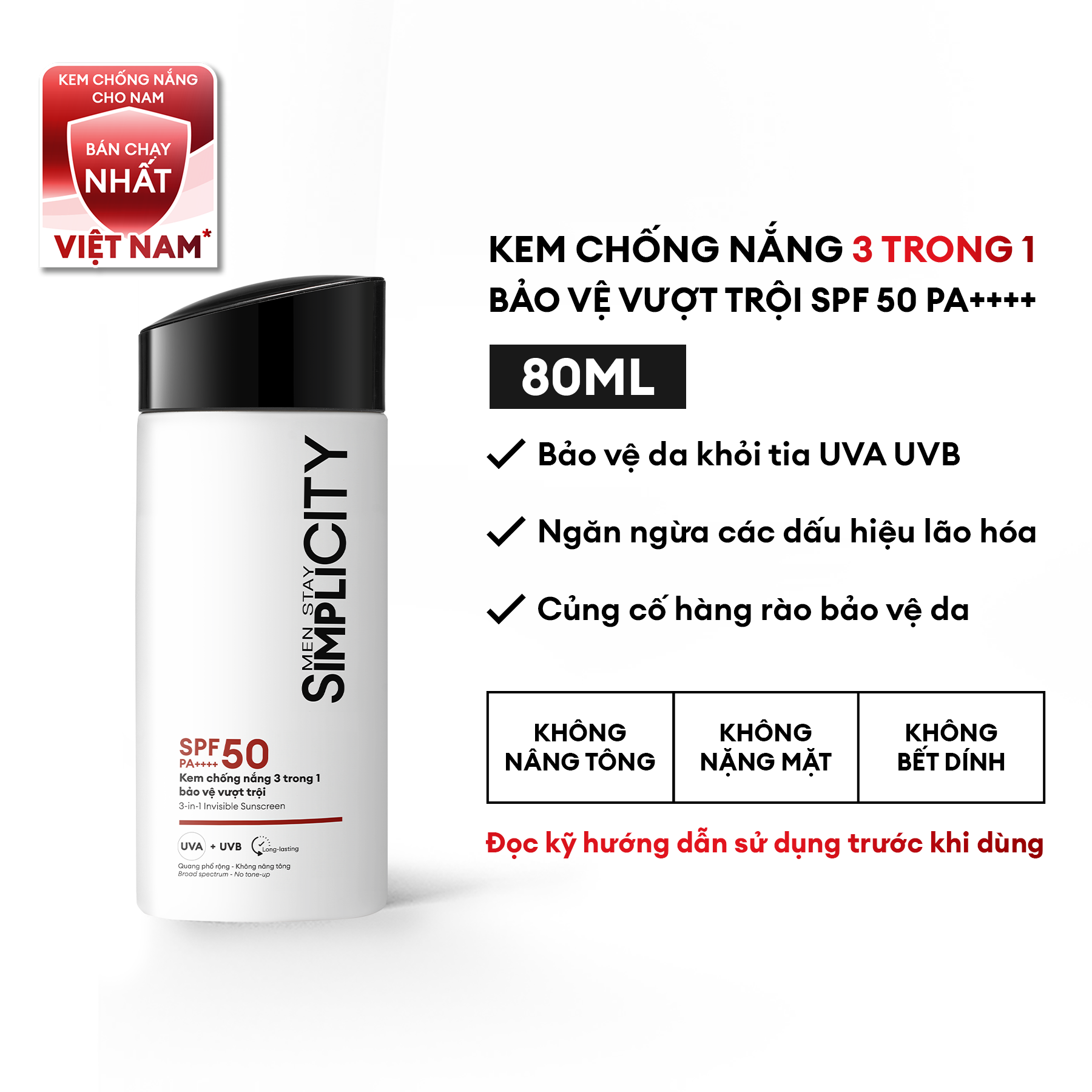  Kem chống nắng 3 trong 1 bảo vệ vượt trội Invisible Sunscreen 80ml với SPF 50 PA++++ 