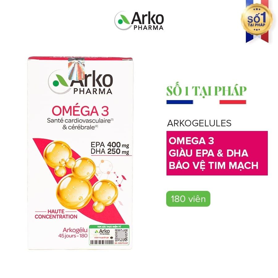TPBVSK Arkopharma ARKOGELULES OMEGA 3 - Viên uống Omega 3 hỗ trợ tăng cường sức khỏe tim mạch (hộp 180 viên)