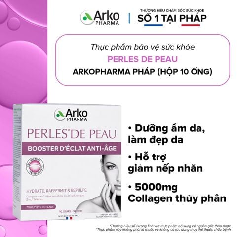 Nước uống Collagen Pháp Arkopharma giúp dưỡng ẩm da, làm đẹp da, hỗ trợ giảm nếp nhăn - TPBVSK Perles de Peau (10 ống)
