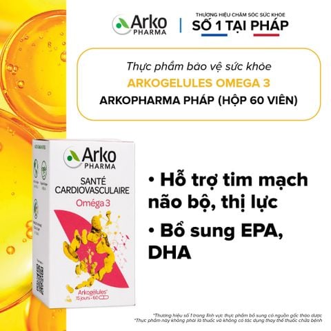 Dầu cá Omega 3 Pháp Arkopharma hỗ trợ tim mạch, não bộ, thị lực, bổ sung DHA EPA-TPBVSK ARKOGELULES OMEGA 3 (60v)