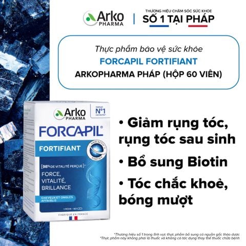 Viên uống giảm rụng tóc, rụng tóc sau sinh Biotin Pháp Arkopharma tóc chắc khỏe bóng mượt-TPBVSK Forcapil Fortifiant 60v