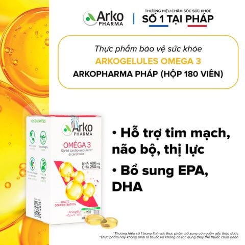 Dầu cá Omega 3 Pháp Arkopharma hỗ trợ tim mạch, não bộ, thị lực, bổ sung DHA EPA-TPBVSK ARKOGELULES OMEGA 3 (180v)