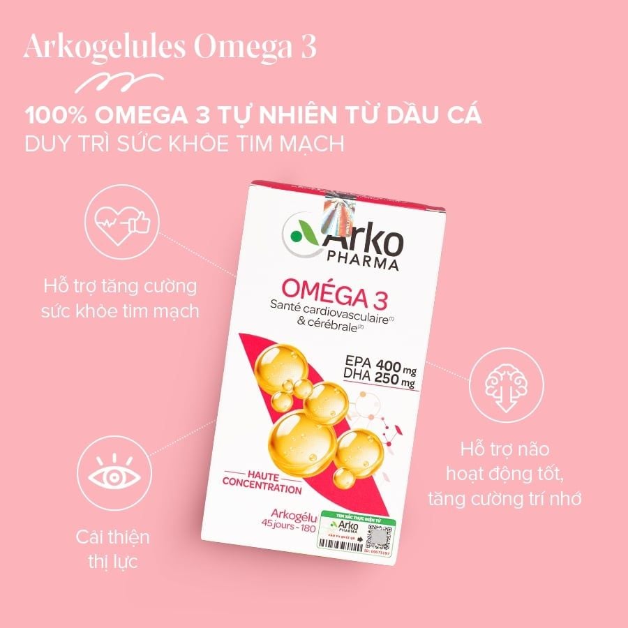 TPBVSK Arkopharma ARKOGELULES OMEGA 3 - Viên uống Omega 3 hỗ trợ tăng cường sức khỏe tim mạch (hộp 180 viên)