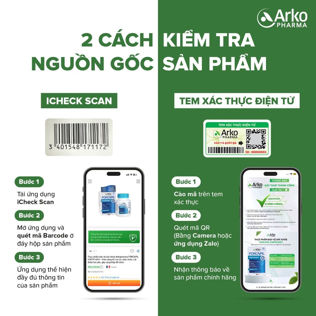 Viên uống giảm rụng tóc, rụng tóc sau sinh Biotin Pháp Arkopharma tóc chắc khỏe bóng mượt-TPBVSK Forcapil Fortifiant 60v