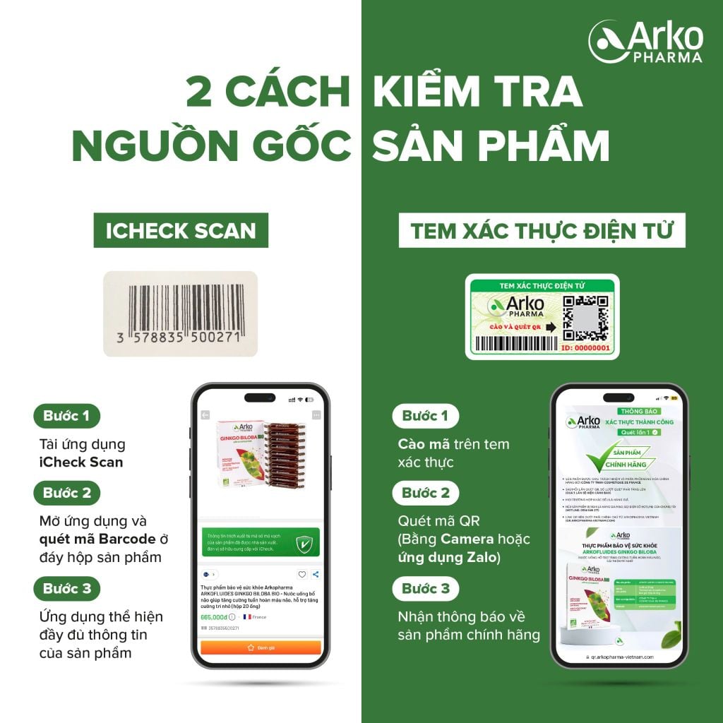 Nước uống bổ não Ginkgo Biloba Pháp Arkopharma tăng cường tuần hoàn máu não-TPBVSK Arkofluides Ginkgo Biloba (20 ống)