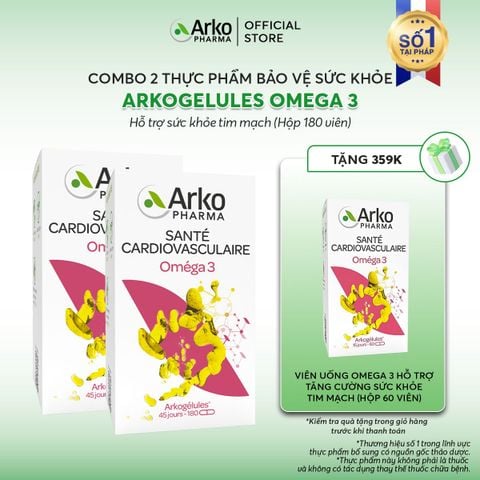 Combo 2 TPBVSK Arkopharma ARKOGELULES OMEGA 3 - Viên uống Omega 3 hỗ trợ tăng cường sức khỏe tim mạch (hộp 180 viên)