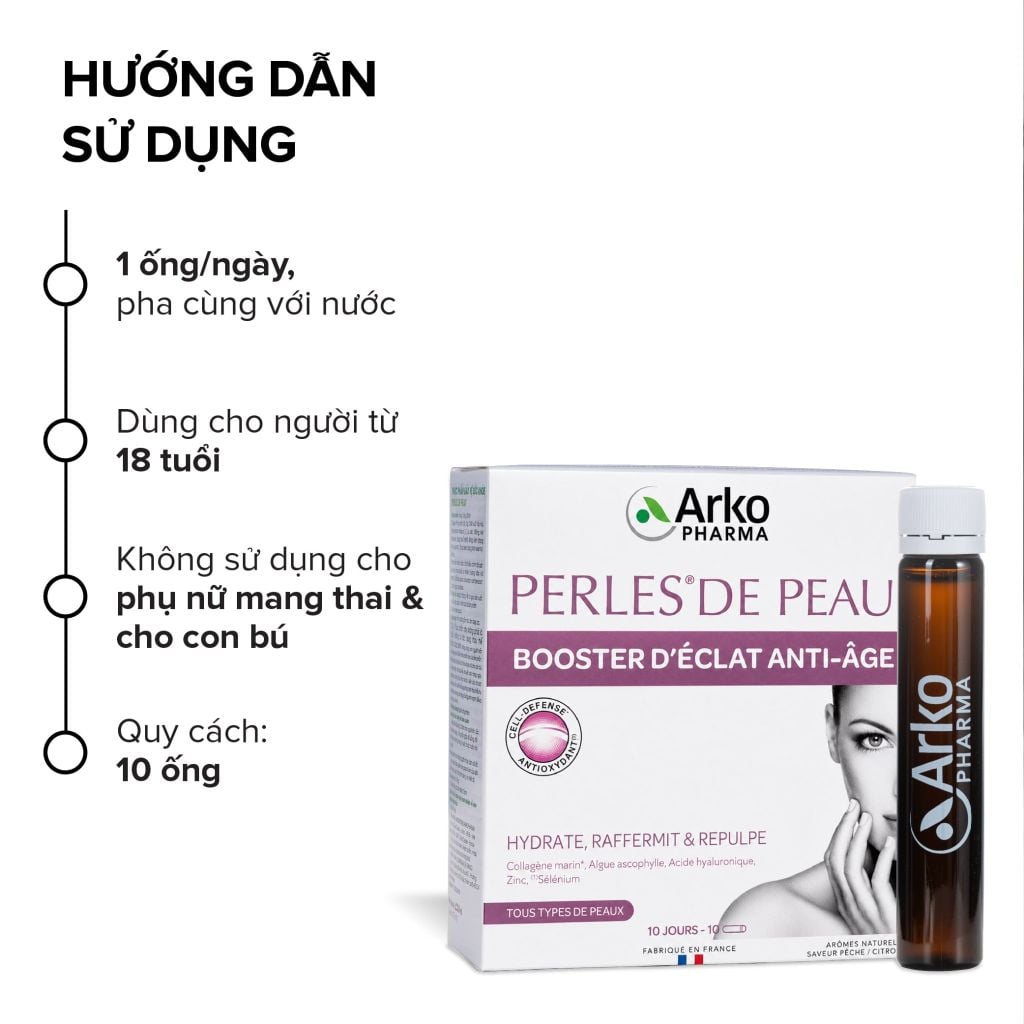 Nước uống Collagen Pháp Arkopharma giúp dưỡng ẩm da, làm đẹp da, hỗ trợ giảm nếp nhăn - TPBVSK Perles de Peau (10 ống)