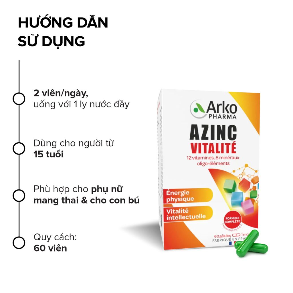 Vitamin tổng hợp Pháp Arkopharma tăng cường sức khoẻ, vitamin tổng hộp cho bầu - TPBVSK AzinC Vitalite (60v)