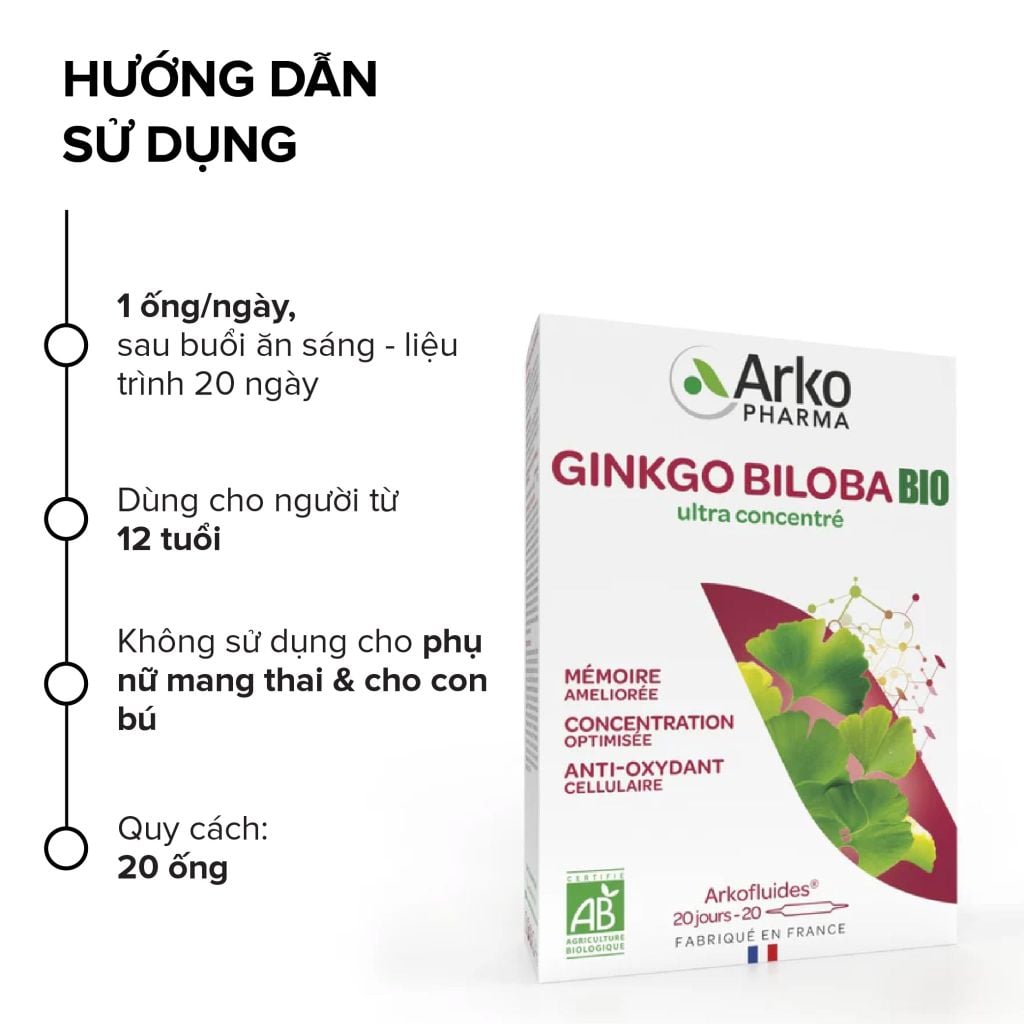 Nước uống bổ não Ginkgo Biloba Pháp Arkopharma tăng cường tuần hoàn máu não-TPBVSK Arkofluides Ginkgo Biloba (20 ống)