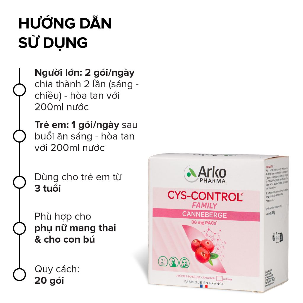 Gói uống hỗ trợ đường tiết niệu Pháp Arkopharma giúp giảm viêm đường tiết niệu-TPBVSK Cys-Control Canneberge (20 gói)