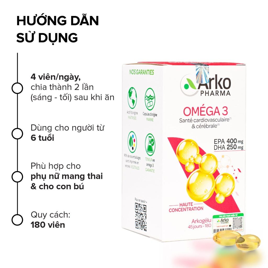 Dầu cá Omega 3 Pháp Arkopharma hỗ trợ tim mạch, não bộ, thị lực, bổ sung DHA EPA-TPBVSK ARKOGELULES OMEGA 3 (180v)