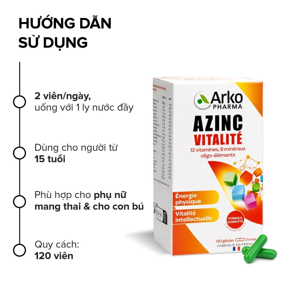Vitamin tổng hợp Pháp Arkopharma tăng cường sức khoẻ, vitamin tổng hộp cho bầu - TPBVSK AzinC Vitalite (120v)