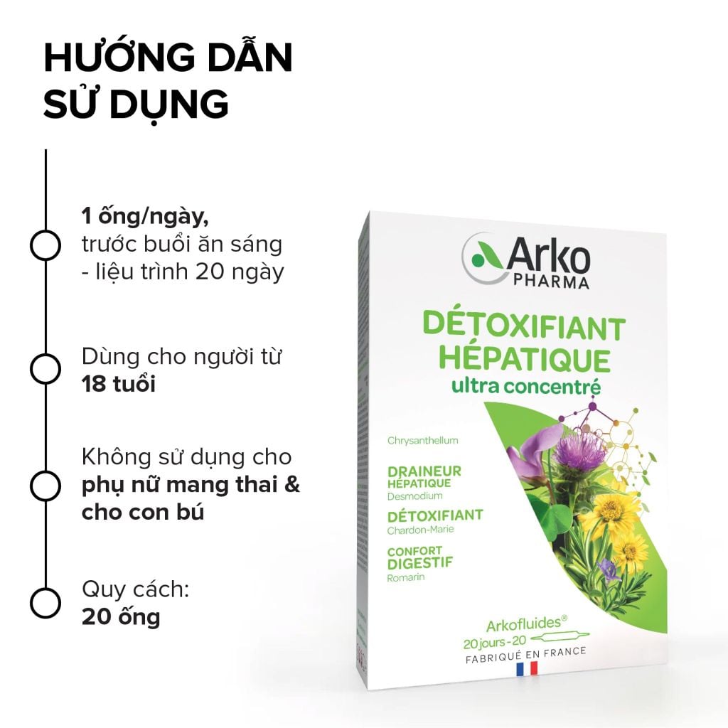 Nước uống giải độc gan Pháp Arkopharma giúp thải độc gan detox gan - TPBVSK Arkofluides Detoxifiant Hepatiqua (20 ống)