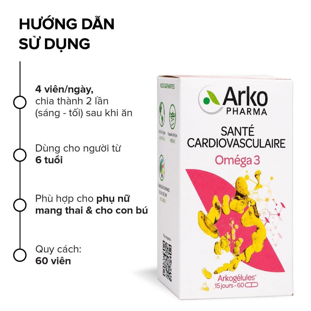 Dầu cá Omega 3 Pháp Arkopharma hỗ trợ tim mạch, não bộ, thị lực, bổ sung DHA EPA-TPBVSK ARKOGELULES OMEGA 3 (60v)