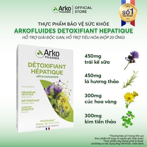 TPBVSK Arkopharma ARKOFLUIDES DETOXIFIANT HEPATIQUE - Nước uống giải độc gan, hỗ trợ tiêu hoá (Hộp 20 ống)