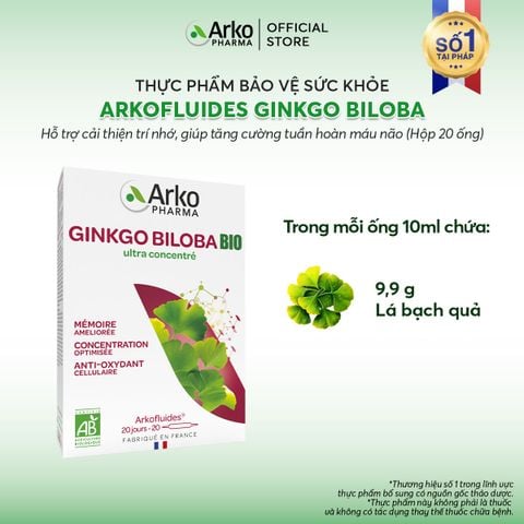 TPBVSK Arkopharma ARKOFLUIDES GINKGO BILOBA - Nước uống bổ não giúp tăng cường tuần hoàn máu não, hỗ trợ tăng cường trí nhớ (hộp 20 ống)