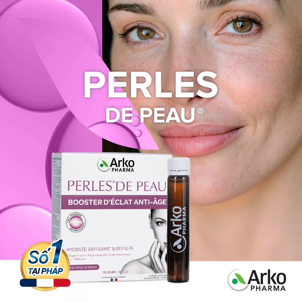 Nước uống Collagen Pháp Arkopharma giúp dưỡng ẩm da, làm đẹp da, hỗ trợ giảm nếp nhăn - TPBVSK Perles de Peau (10 ống)