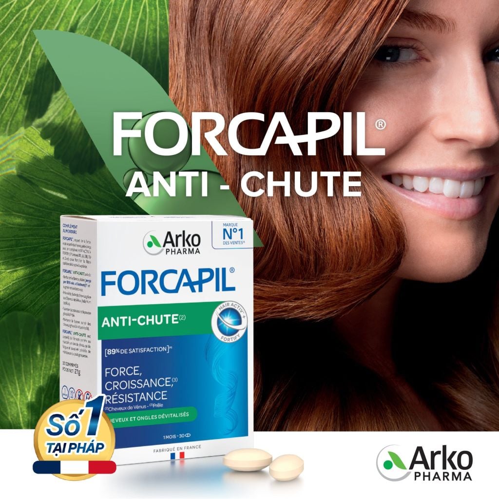Viên uống mọc tóc, giảm rụng tóc Biotin Pháp Arkopharma dưỡng nang tóc, tóc chắc khoẻ-TPBVSK Forcapil Antichute 30v