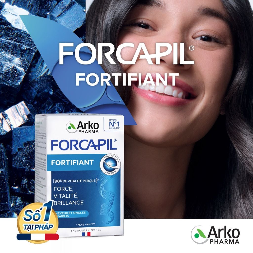 Viên uống giảm rụng tóc, rụng tóc sau sinh Biotin Pháp Arkopharma tóc chắc khỏe bóng mượt-TPBVSK Forcapil Fortifiant 60v