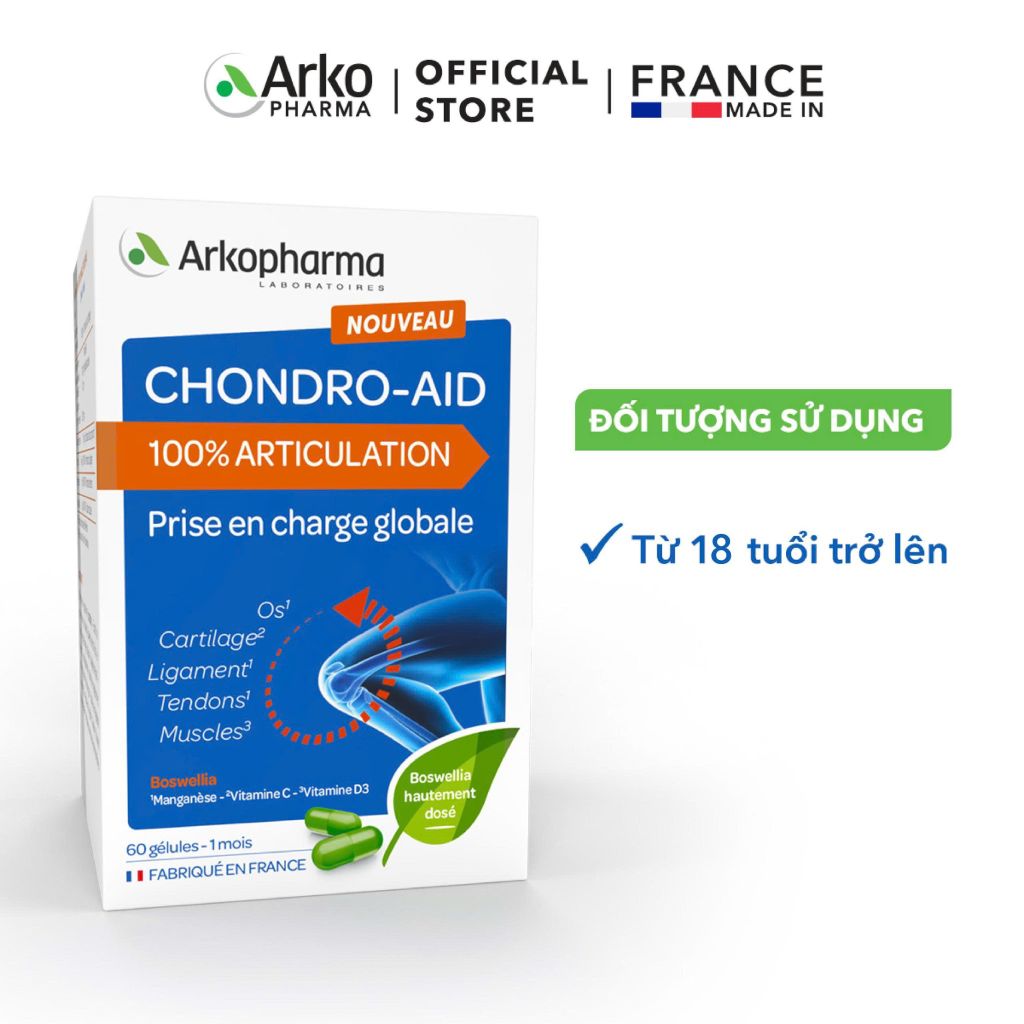 [HSD T01'2026] TPBVSK Arkopharma CHONDRO-AID 100% Articulation - Viên uống hỗ trợ khớp vận động linh hoạt, bổ sung glucosamin, chiết xuất nhựa nhũ hương (hộp 60 viên)