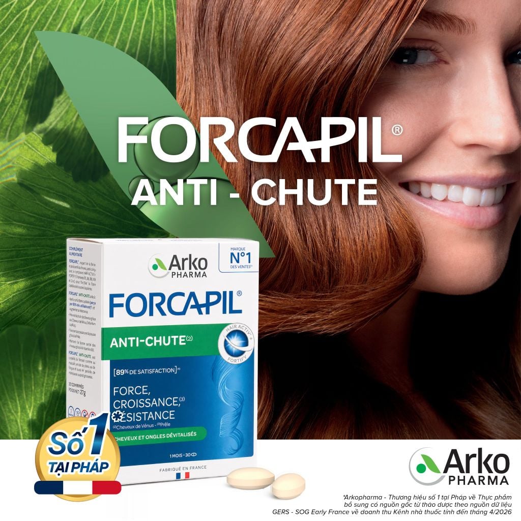 Viên uống mọc tóc, giảm rụng tóc Biotin Pháp Arkopharma dưỡng nang tóc, tóc chắc khoẻ-TPBVSK Forcapil Antichute 30v
