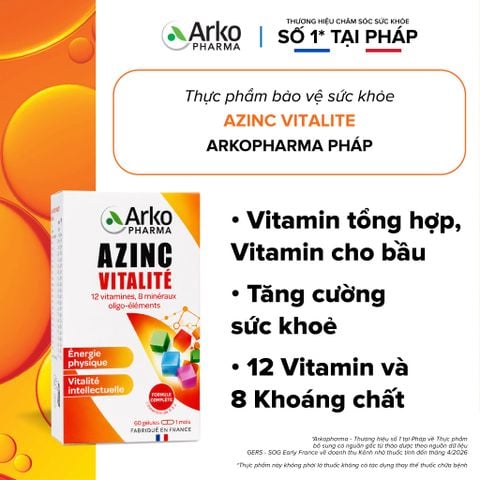 Vitamin tổng hợp Pháp Arkopharma tăng cường sức khoẻ, vitamin tổng hộp cho bầu - TPBVSK AzinC Vitalite (60v)