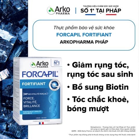 Viên uống giảm rụng tóc, rụng tóc sau sinh Biotin Pháp Arkopharma tóc chắc khỏe bóng mượt-TPBVSK Forcapil Fortifiant 60v