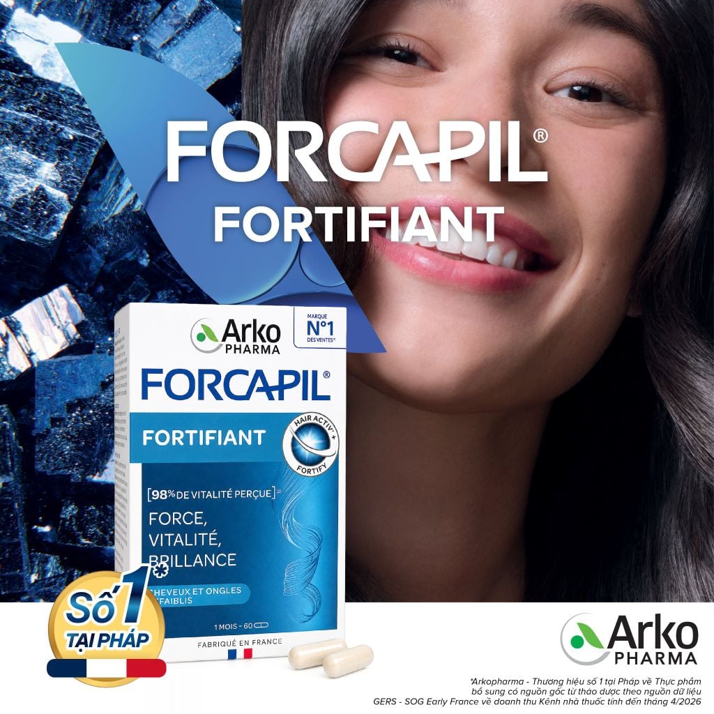 Viên uống giảm rụng tóc, rụng tóc sau sinh Biotin Pháp Arkopharma tóc chắc khỏe bóng mượt-TPBVSK Forcapil Fortifiant 60v