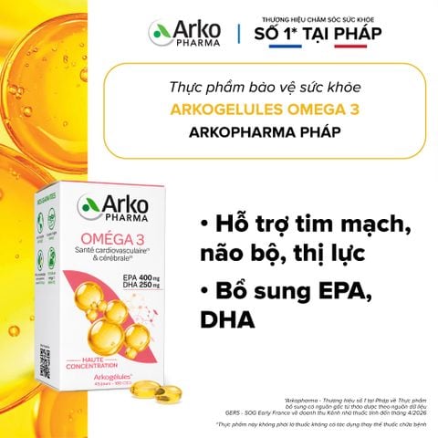 Dầu cá Omega 3 Pháp Arkopharma hỗ trợ tim mạch, não bộ, thị lực, bổ sung DHA EPA-TPBVSK ARKOGELULES OMEGA 3 (180v)