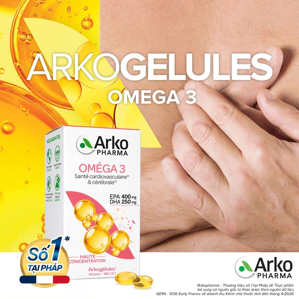 Dầu cá Omega 3 Pháp Arkopharma hỗ trợ tim mạch, não bộ, thị lực, bổ sung DHA EPA-TPBVSK ARKOGELULES OMEGA 3 (180v)