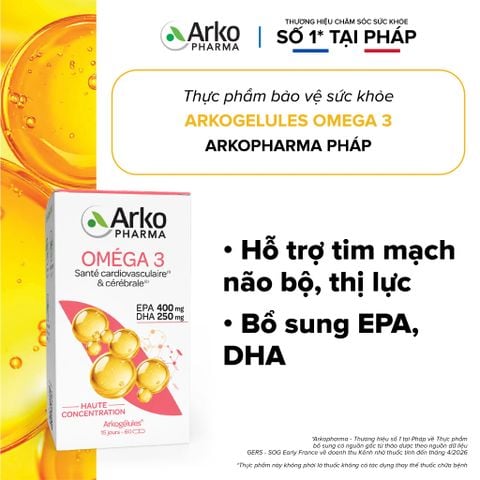 Dầu cá Omega 3 Pháp Arkopharma hỗ trợ tim mạch, não bộ, thị lực, bổ sung DHA EPA-TPBVSK ARKOGELULES OMEGA 3 (60v)