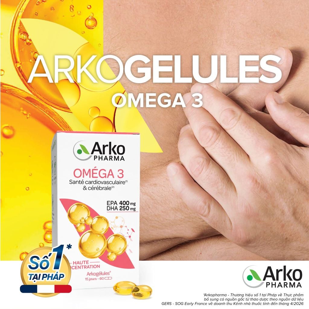 Dầu cá Omega 3 Pháp Arkopharma hỗ trợ tim mạch, não bộ, thị lực, bổ sung DHA EPA-TPBVSK ARKOGELULES OMEGA 3 (60v)