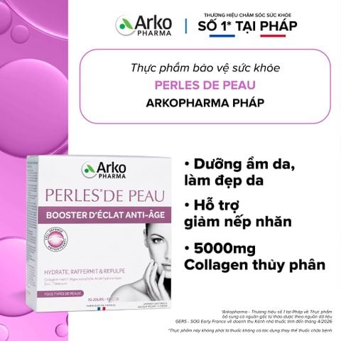 Nước uống Collagen Pháp Arkopharma giúp dưỡng ẩm da, làm đẹp da, hỗ trợ giảm nếp nhăn - TPBVSK Perles de Peau (10 ống)