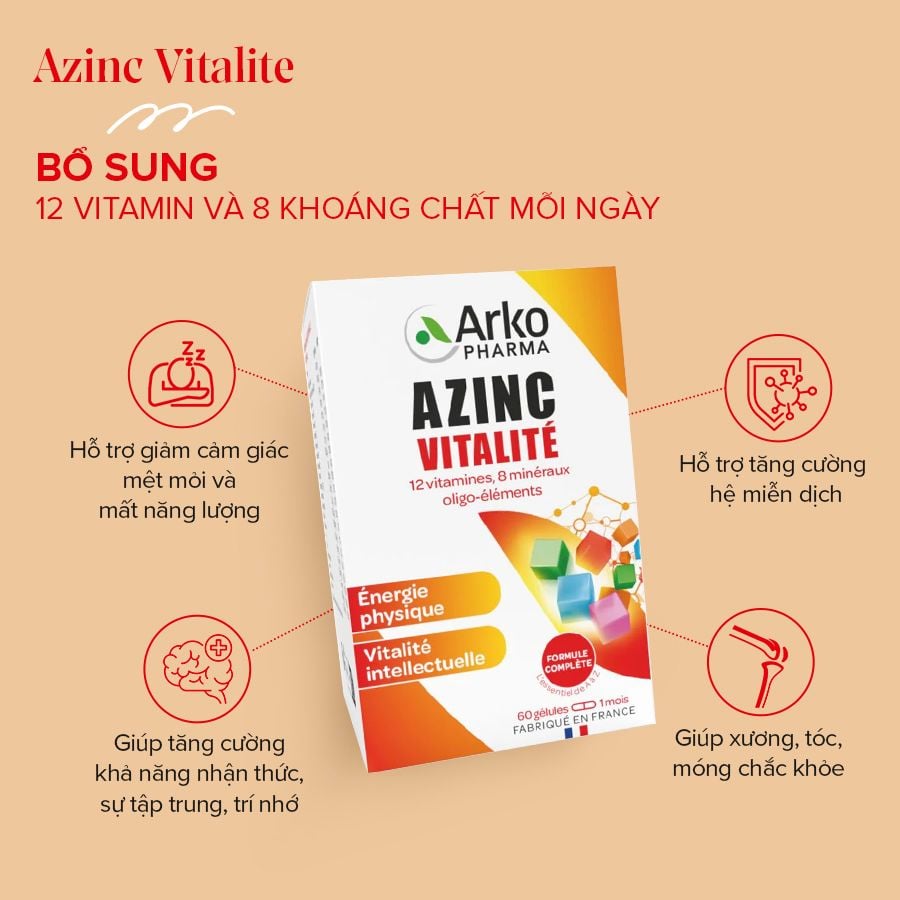 TPBVSK Arkopharma AZINC VITALITE - Viên uống bổ sung vitamin và khoáng chất tổng hợp (Hộp 120 viên)